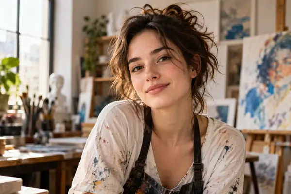 A relaxed head-and-shoulders portrait of a young artist in a softly lit studio.